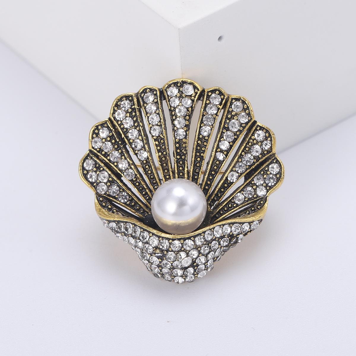 Ретро-брошь из ракушки со стразами и жемчугом, индивидуальная брошь для пальто, костюма, аксессуаров