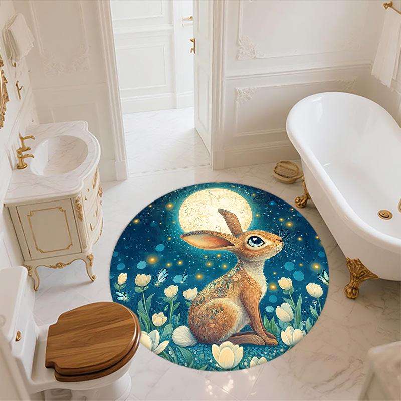 Flower Rabbit,Round Area Rug,Carpet Rug for Living Room Bedroom Sofa Playroom Decor,Non-slip Floor Mat