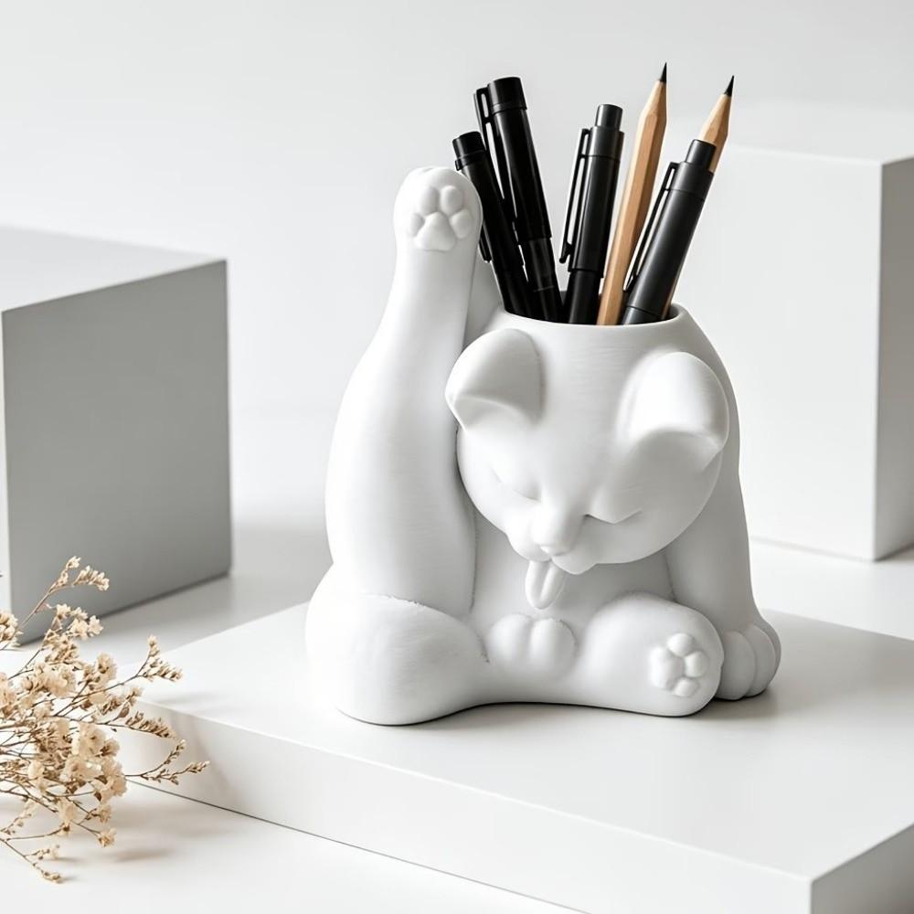 Funny Makeup Brush Holder 3D Printed Desk Storage Box Licking Paw Cat Statue Stationery Storage