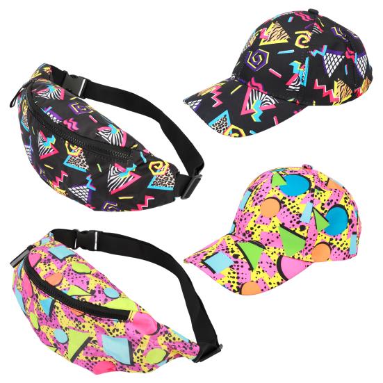 Набор из 4 шт. Сумка-банан и бейсболка в стиле 80-х 90-х, Регулируемая поясная сумка, Спортивная кепка,