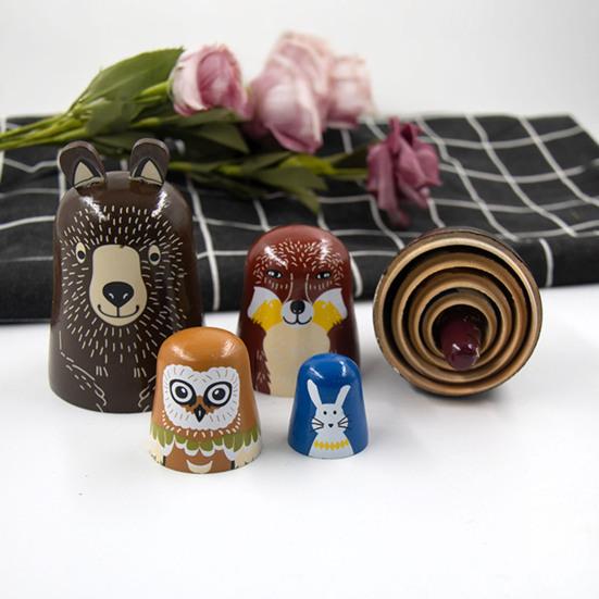 5Pcs/Set Animal Russian Nesting Doll 5 Layers Handmade Wooden Matryoshka Forest Animal Stacking Toy Home Office Desktop Decoration Ornament