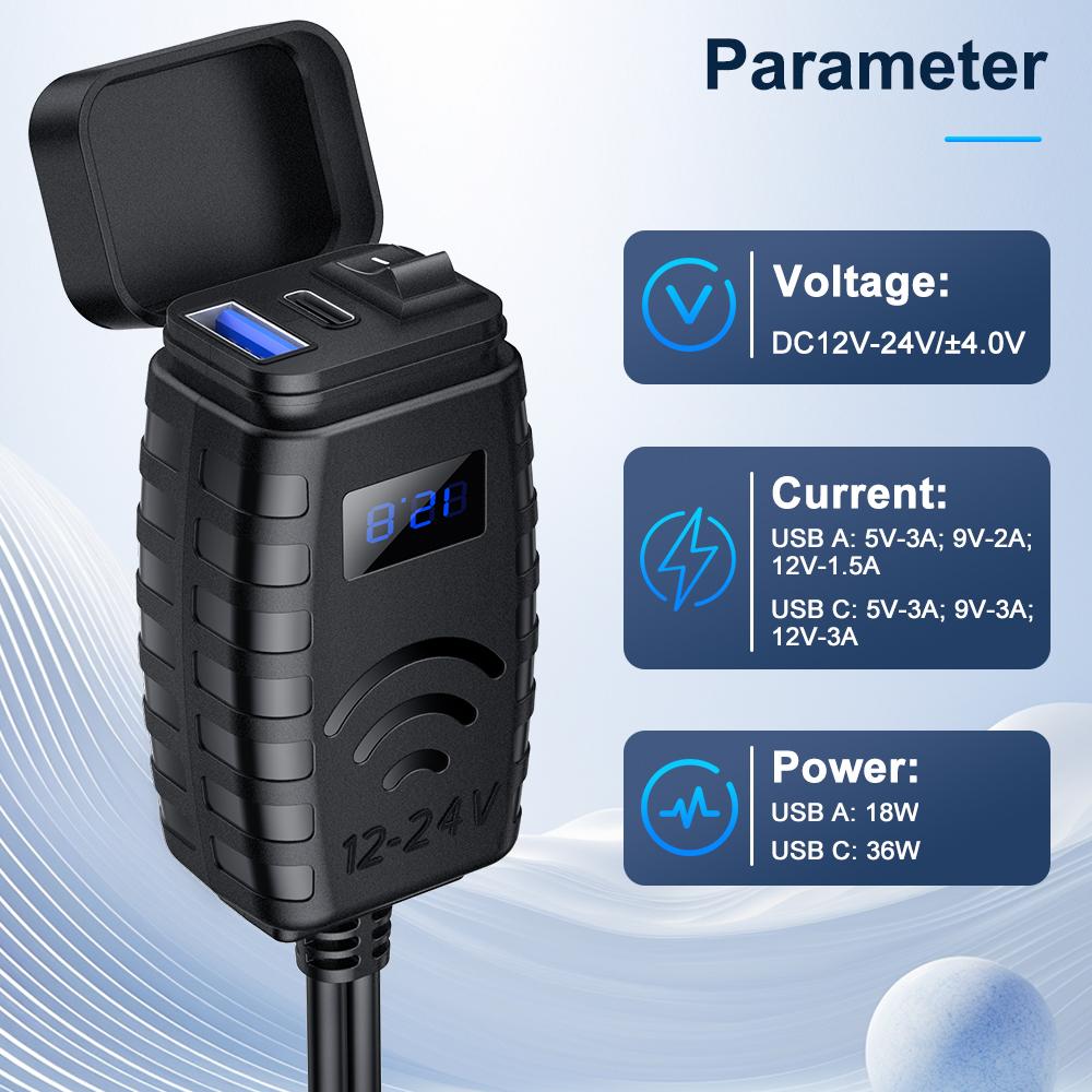 Motorcycle 48W Mobile Phone Quick Charger Waterproof and Dustproof  Intelligent Fast Charging Voltage Display ON/Off