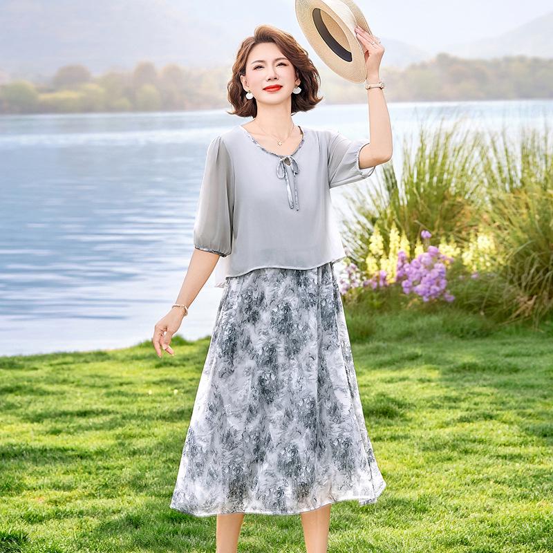 

2026 Floral Color Block Short Sleeve Summer Dress for Petite Middle-Aged Women 5XL (145-160 jin)