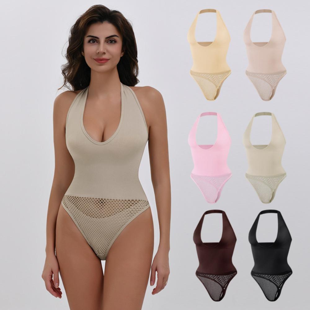Kombinezon plus size z funkcją podkreślania talii i modelowania sylwetki, podnoszący i zbierający biust, z wiązaniem na szyi, odkrytymi plecami, w stylu stringów