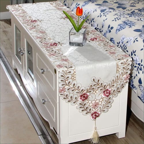 WooJoy Embroidered Lace Table Runner, Elegant Vintage Table Runner for Dressers, Scarves, Cabinets, Dining Room Tables, Decor (40x180cm)
