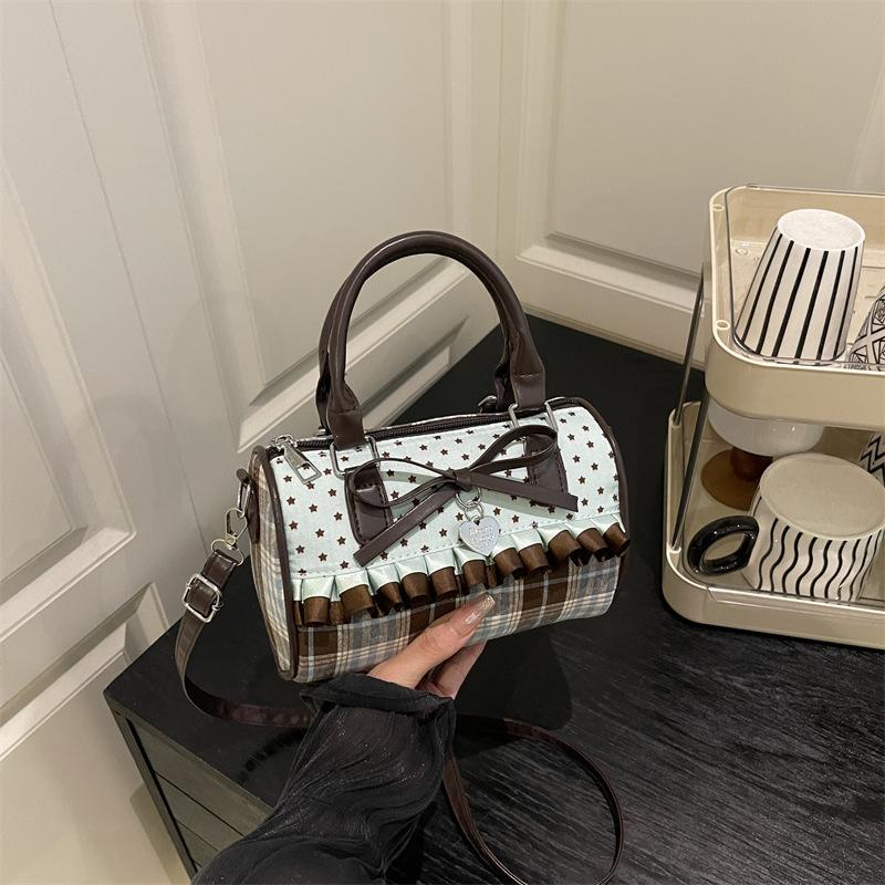 Sweet Bow Girls Crossbody Pillow Bags Versatile Vintage Plaid Ladies Shoulder Bag Lightweight Portable Women Handbag Purse