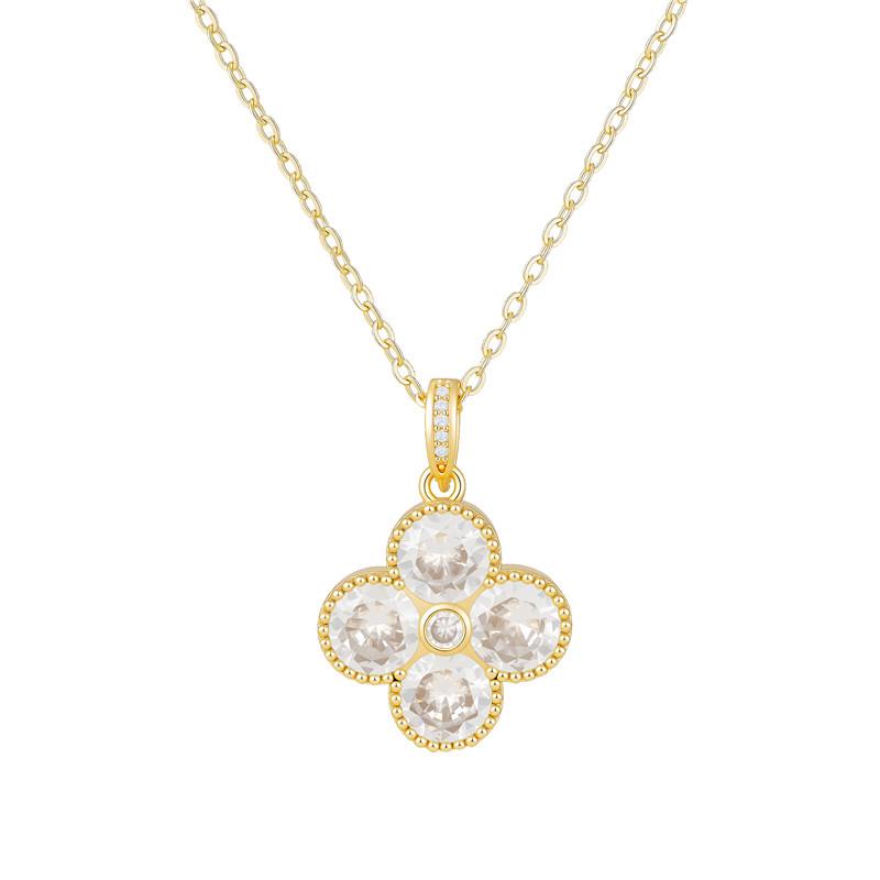Copper Four-Leaf Clover Zircon Necklace - 18k Gold Clavicle Chain with Diamonds золотой