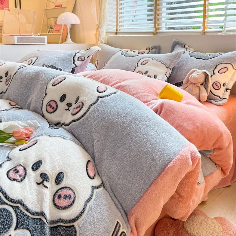 Cartoon Coral Fleece Four-Piece Set, Thickened Milk Fleece Sheet Quilt Cover, Snowflake Fleece Bed Three-Piece Quilt Cover