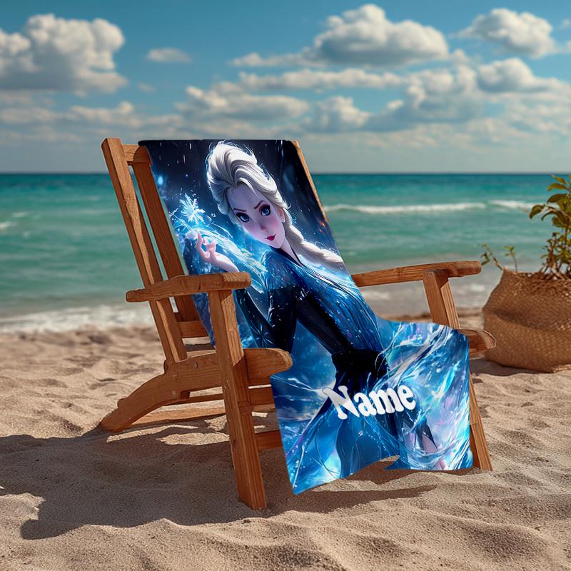 Custom Name Ultra-Soft Beach Towel with Elsa Theme,Ideal for Pool - Camping, Diving - Perfect Travel Essential, Vibrant Beach Towel.
