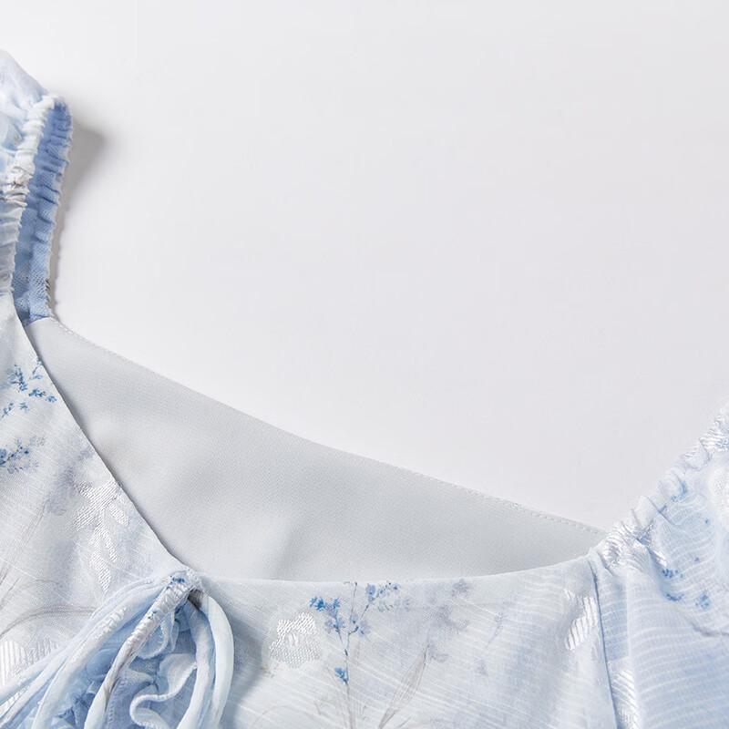 Xiangying Women's French Style Blue Tie-dye Floral Puff Sleeve Midi Dress