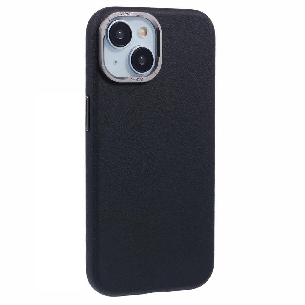For iPhone 15 Case Leather+PC Anti-Scratch Phone Case Metal Lens Frame