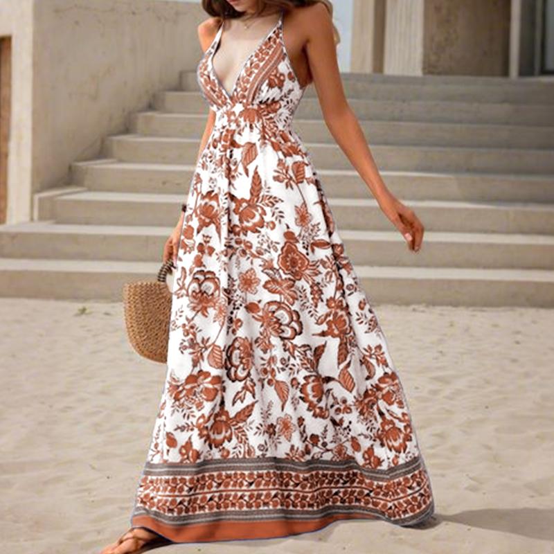 ZANZEA Women Summer Bohemian Print Casual V-Neck Sleeveless Straps Dress