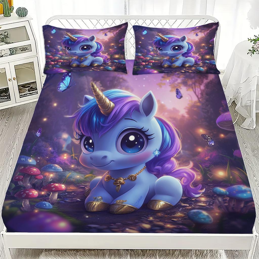 3D Unicorn Pattern Cute Bedding Set Printed Fitted Sheets Set With 1/2 Pillowcases Customized For Boys And Girls Kids Decoc