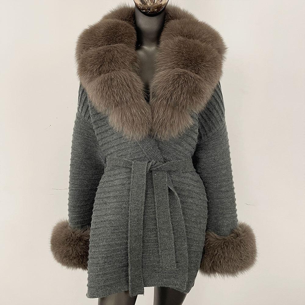 OFTBUY Podzimní Dámský Měkký Dlouhý Pravý Velký Liščí Kožich Teplý Pletený Kabát Pásek Klopa Límec Svrchní Oblečení Ležérní Svetr Bunda Volná Dámská Elegantní Dlouhá