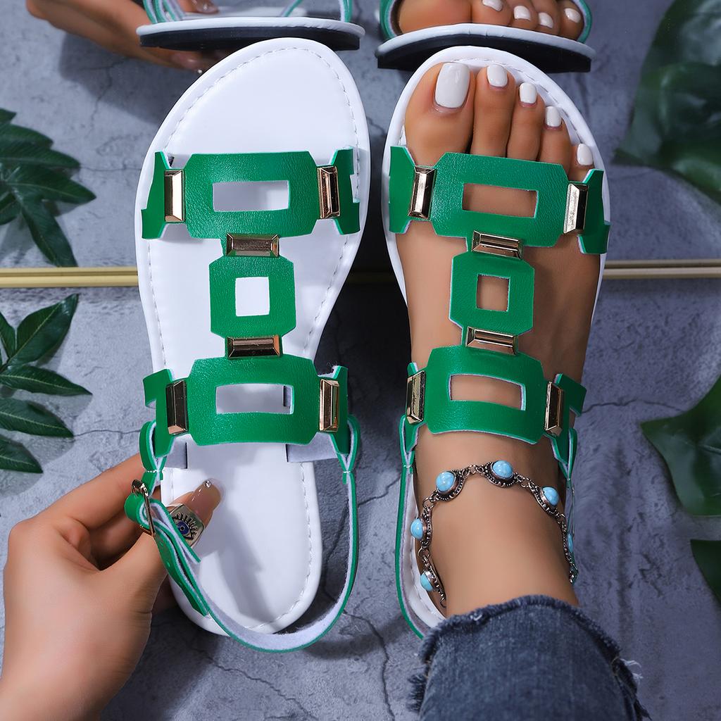Fashion 2025Summer New Round Headed Leather Ladies' Sandals Flat Casual Beach Shoes Comfortable Footwear with Metal Decoration for Women