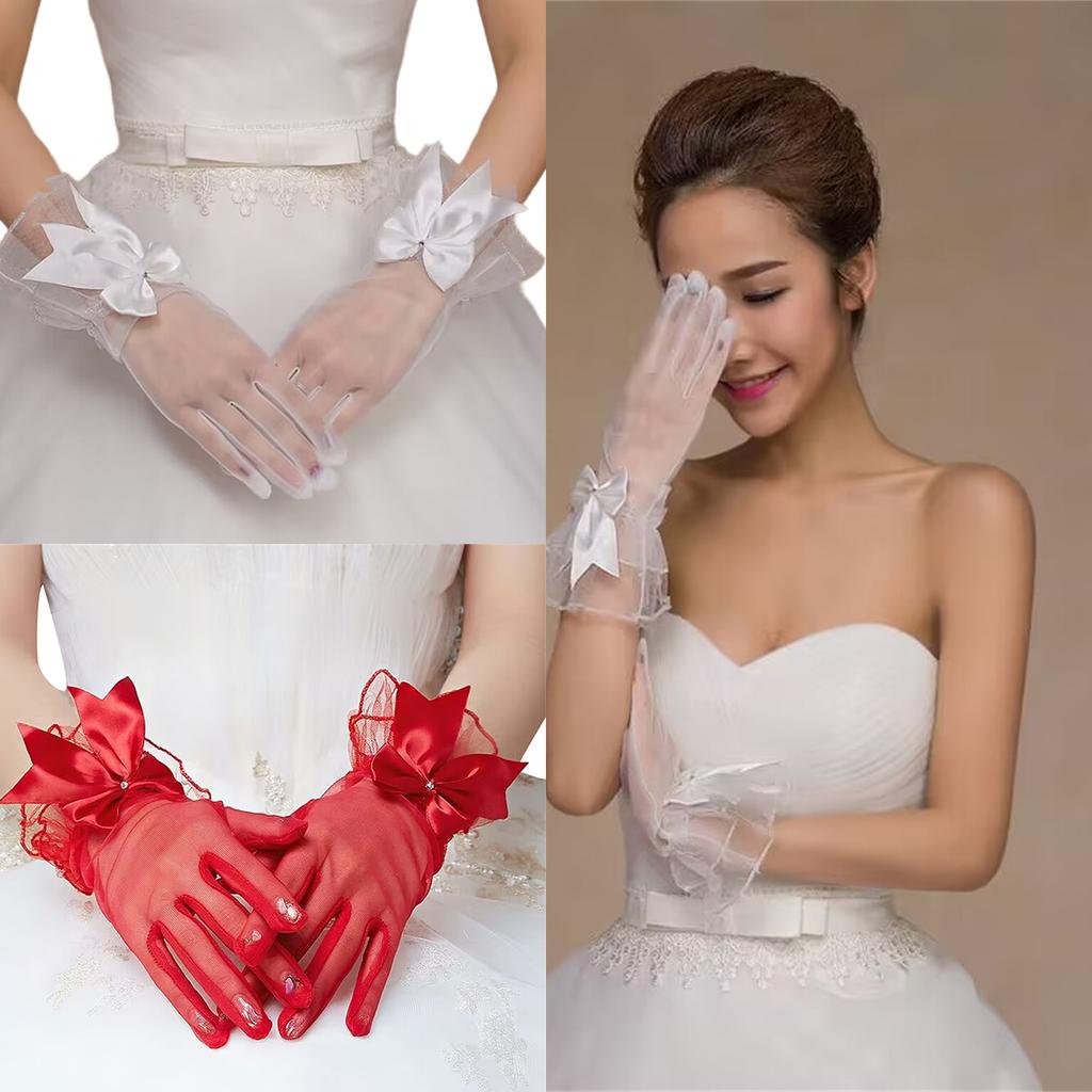 Seethrough Bowknot Mesh Gloves for Evening Party Short Gloves Bridal Gloves Wedding Accessory Handwear for Special Event