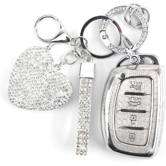 Key Fob Cover with Diamond Keychain Car Key Holder Case Compatible with Smart Remote Key Protector for Women, 4 Buttons (Silver-Heart) Silver-heart