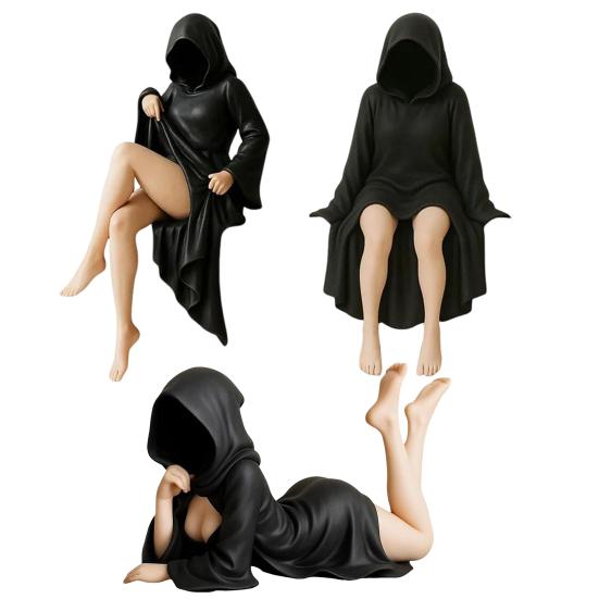 Gothic Bookshelf Sculpture Sexy Black Robe Female Figure Resin Spooky Woman Figurine for Halloween Desktop Decoration