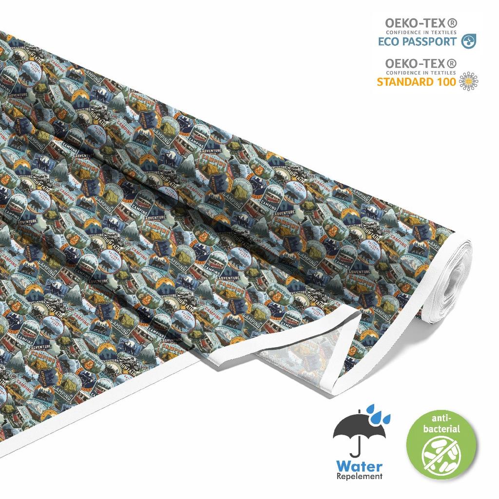 Outdoor Dekostoffe Oxford - Motiv Abzeichen Travel I Dx681
