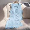 Women Sleeveless V Neck Backless Bow Tie Peplum Top High Waist Shorts Set Solid Color Casual Summer Two Piece Set