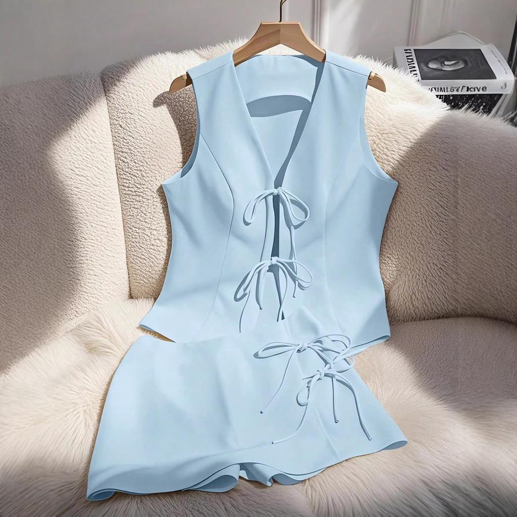 Women Sleeveless V Neck Backless Bow Tie Peplum Top High Waist Shorts Set Solid Color Casual Summer Two Piece Set