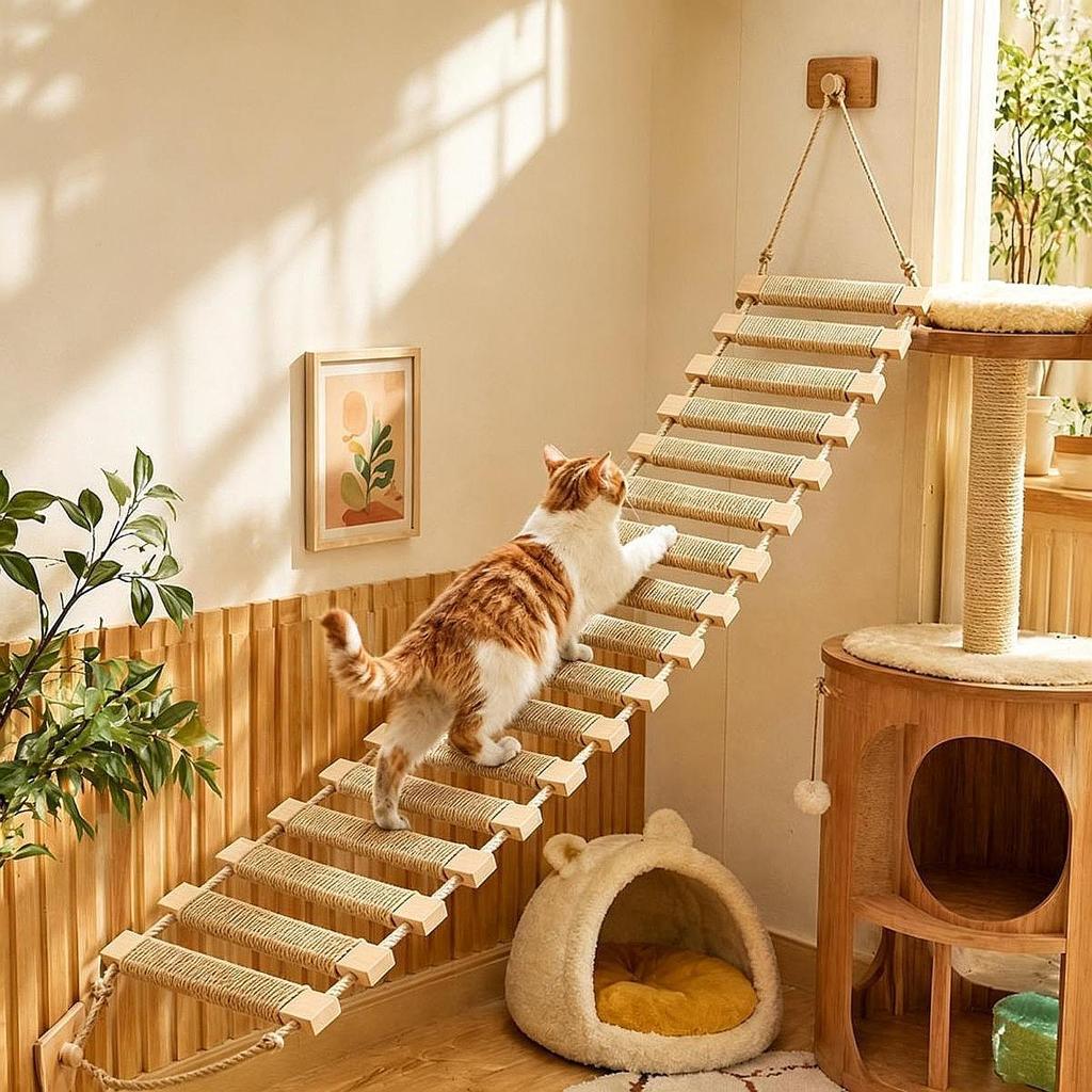 Cat Climbing Ladder Space Saving Scratcher with Rope Multifunctional Toy DIY Bridge with Rungs Cat Ladder for Small Pets Parrots