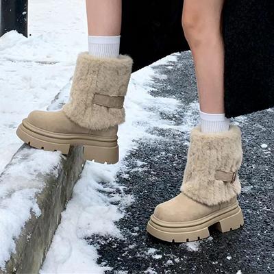 Bottes de neige pour femmes hiver nouvelles bottes mi-mollet populaires neige coton semelles épaisses doublées chaussures en coton épaissies
