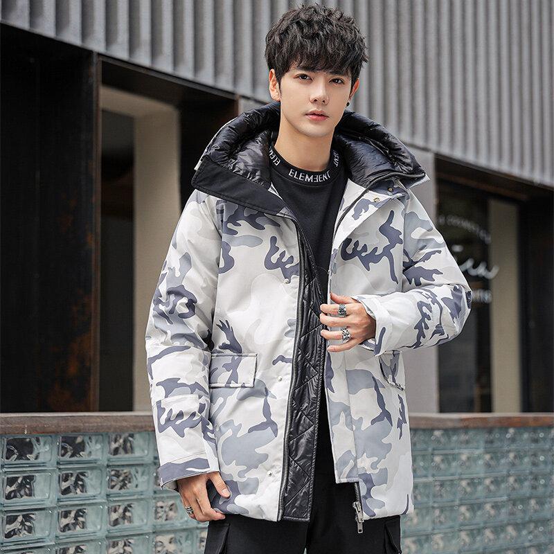 

Мужская камуфляжная пуховая куртка с капюшоном, корейская версия, повседневная, утолщенная, теплая, мужская, модный топ, пуховик, мужская одежда 3XL