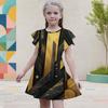 Girls Round Neck Flutter Sleeve Black Gold Geometric Printed A Line Flared Dress