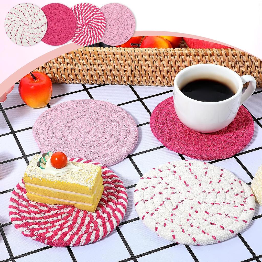 Pink Woven Coasters, 4.13in/10.5cm Round Pink Coaster for Desk Cute Coasters Set of 4 for Kitchen Dining Coffee Table Desk Accessories Aesthetic