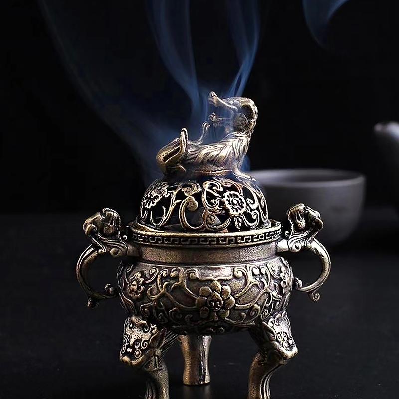 Antiker Räucherbrenner Buddhistischer Mini Kirin Räucherkessel Retro Kupfer Sandelholz Räucherstäbchenhalter Ornament Heim Büro Dekoration