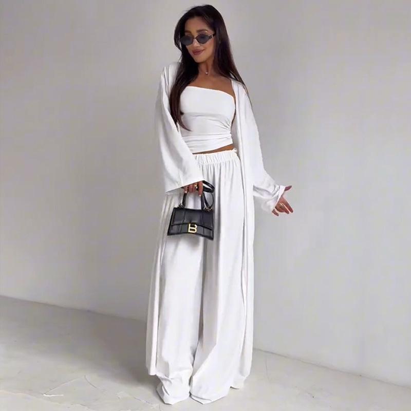 Women's 2026 Summer New Casual Outfit: Tube Top, Long Cardigan, Wide-Leg Pants Three-Piece Set