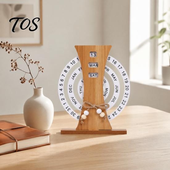 Vintage Style Date Planner Wooden Perpetual Calendar, Manual Rotating Desk Calendar for Home Office Reusable Wood Decor, Creative Natural Month
