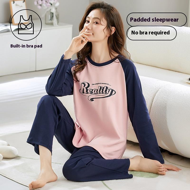 Spring autumn letter Print Pajamas Set with Chest Pad for Women thin cotton Long Sleeve Tops and Pants Sleepwear Female Homewear