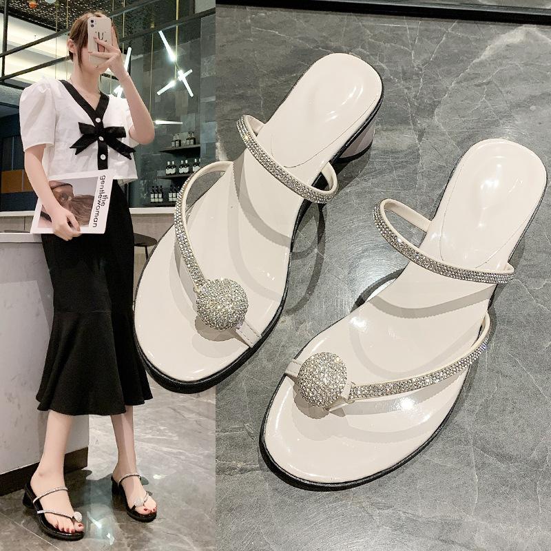 French Thick-heeled Slippers Women's Summer Wear New Internet Celebrity with Skirt Rhinestone Sandals Women's Versatile Toe Roman Sandals