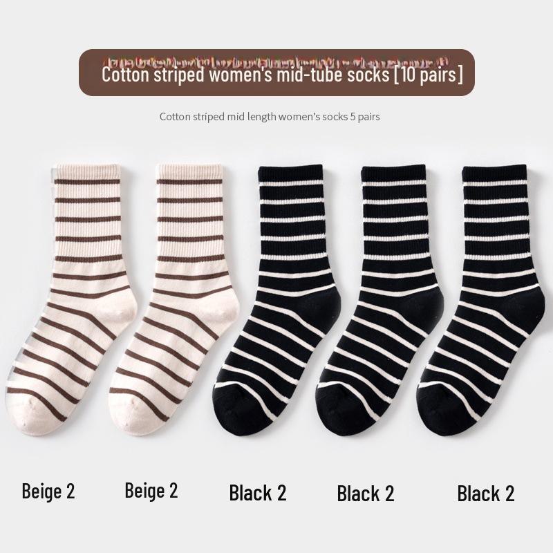 Maillard Women's Striped Mid-Calf Socks - Spring & Autumn Korean Style with Shark Pants