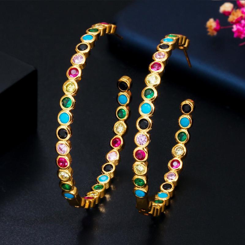 Fashion 18k Gold Plated Cubic Zirconia Stone Bezel Setting Big Size Round Circle Hoop Earrings for Women Party Memorial Day Gift