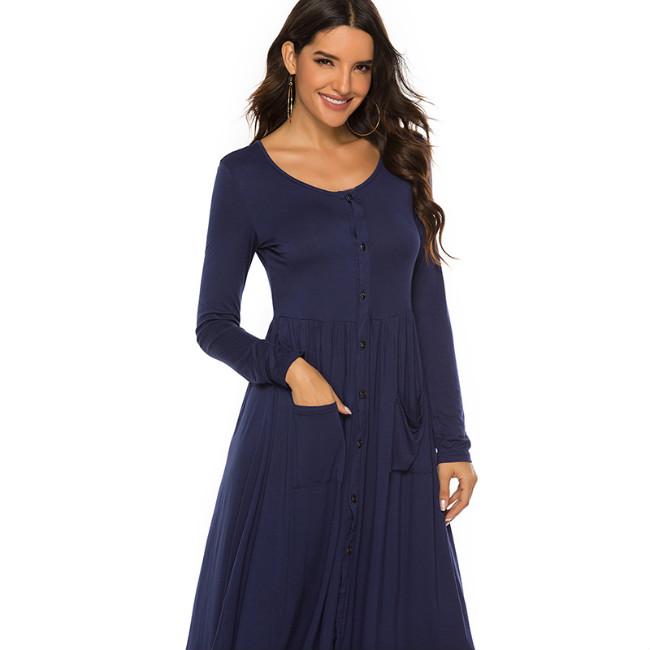 Women Fashion Round Neck Long Sleeve Button Slim Dress Casual Dress