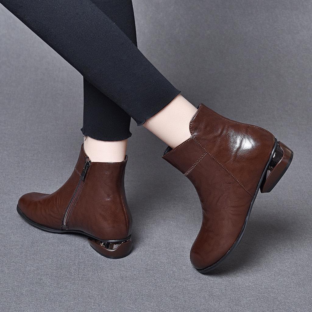 Round Head Short Boots Women's 2025 Autumn and Winter New Mango Head Low Heel Casual Cotton Boots Comfortable Flat Boots Cowhide Women's Leather Boots