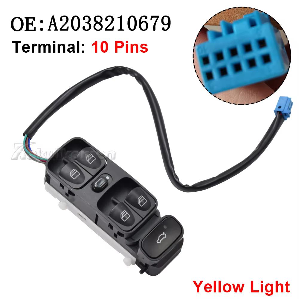 Yellow Light A2098203410 Power Control Window Switch For MERCEDES C CLASS W203 C180 C200 C220 A2038200110 2038210679 A2038210679 Yellow Light-10 Pins
