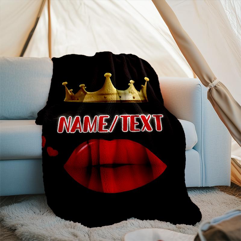 1PC Custom Name Royal Lip Crown outdooor Flannel blankets Throw Blanket All-Season Throw Gift Bedspread for Couch, Bed, Camping Holiday Birthda