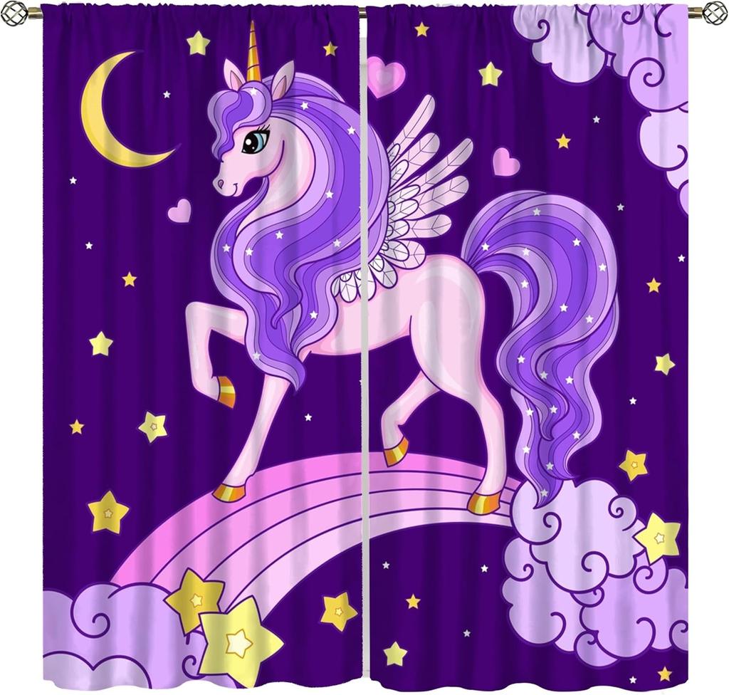 Purple Unicorn Curtains Girls Fantasy Mystery Fairytale Clouds Stars Magic Unicorns Window Drapes Kids Nursery Made Of Polyester
