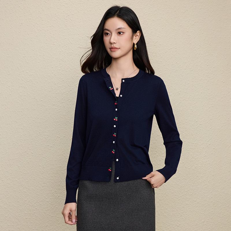 Romantic Cherry Embroidered Wool Knit Cardigan - Women's French Style