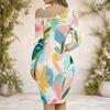 Women Plus Size Cold Shoulder Chain Strap Long Sleeve Printed Asymmetric Hem Bodycon Dress