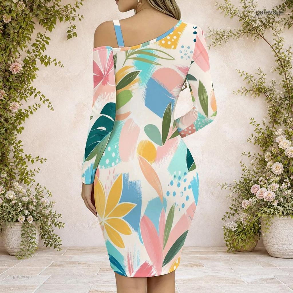 Women Plus Size Cold Shoulder Chain Strap Long Sleeve Printed Asymmetric Hem Bodycon Dress