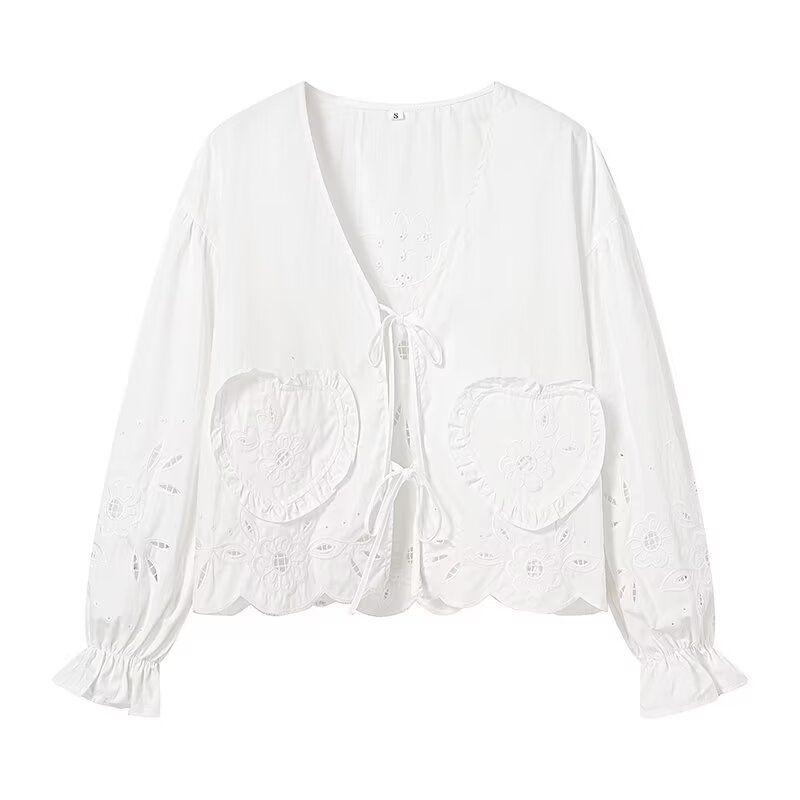 

Kaslead New Arrival Women s Clothing Fashion Style Fashion All-Match Cut Out Embroidery Tie-Neck Shirt Tops White L