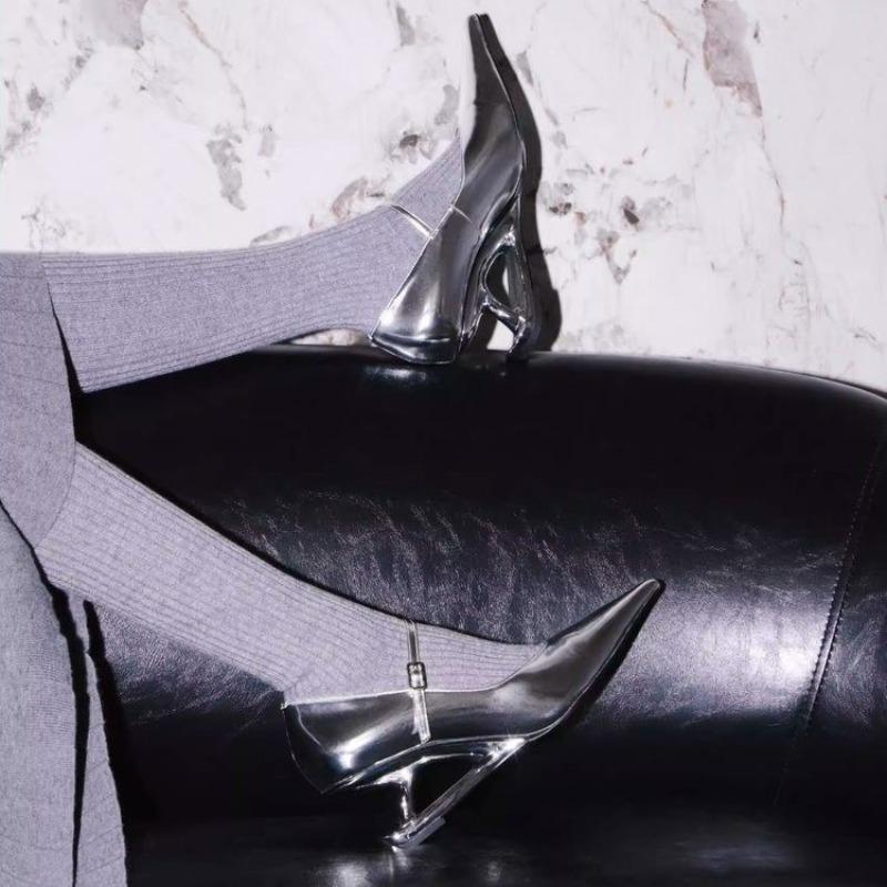 Pointed Toe Single Shoes Autumn New Shallow Mouth Splice One Strap Anti-slip Wear-resistant Special Heel Shoes