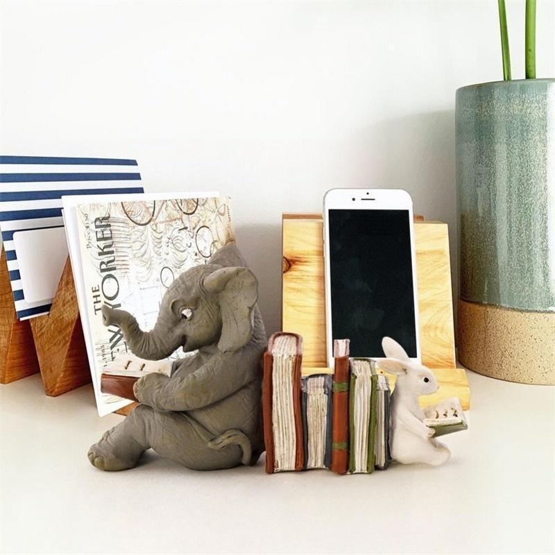 Elephant and Rabbit Reading Together Statue Creative Resin Handicraft Ornaments Desktop Garden Decoration Ornaments