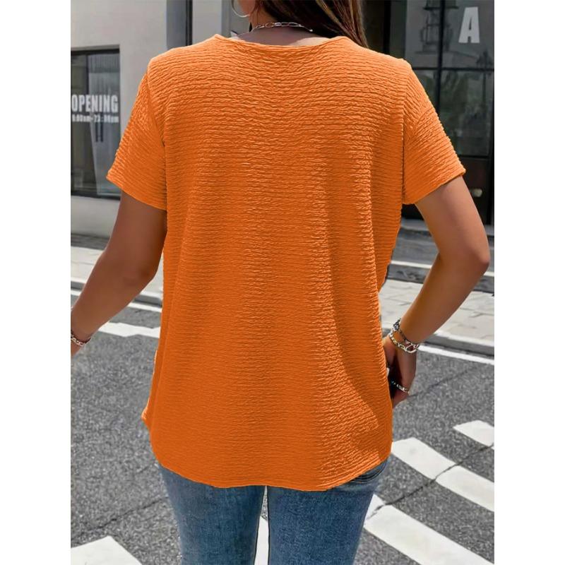 Camiseta Elegante Gola Boneca Tamanho Grande para Mulheres Cor Sólida Manga Curta Botões Plissados Tops Verão Solta Casual Simples Doce Camisa Roupa Feminina