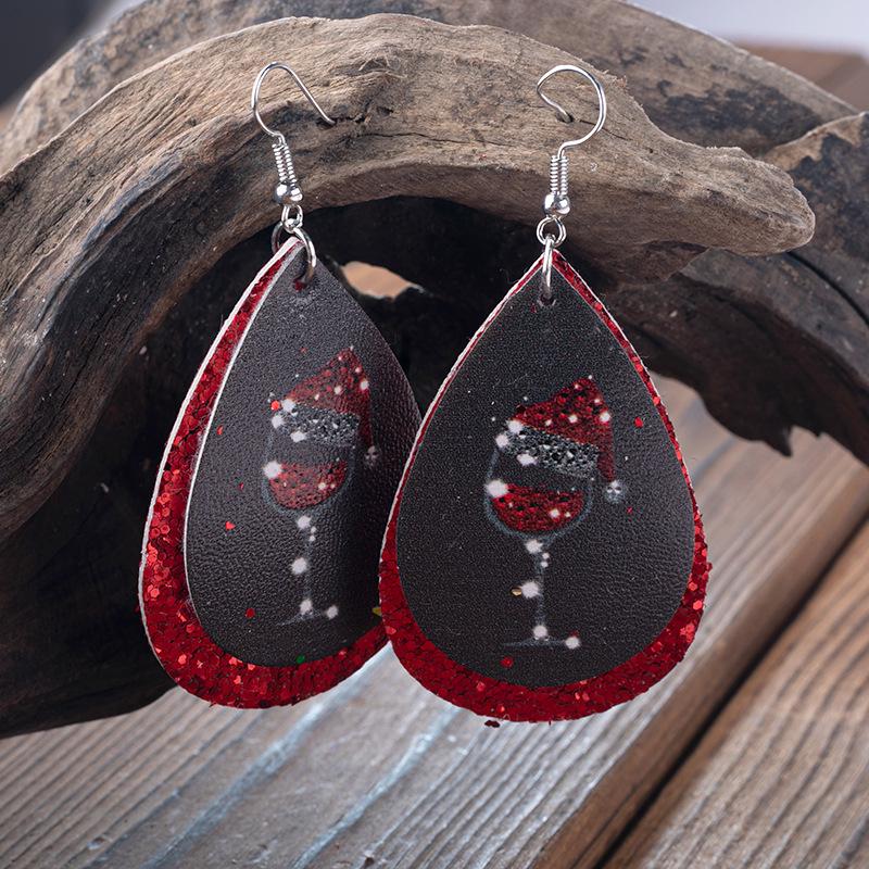 Christmas Double-Layer Wine Glass Leather Earrings In Stock